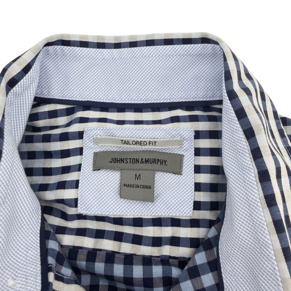 Johnston & Murphy Shirt Mens M Navy Gingham Tailored Fit Long Sleeve Casual Prep - Picture 4 of 8